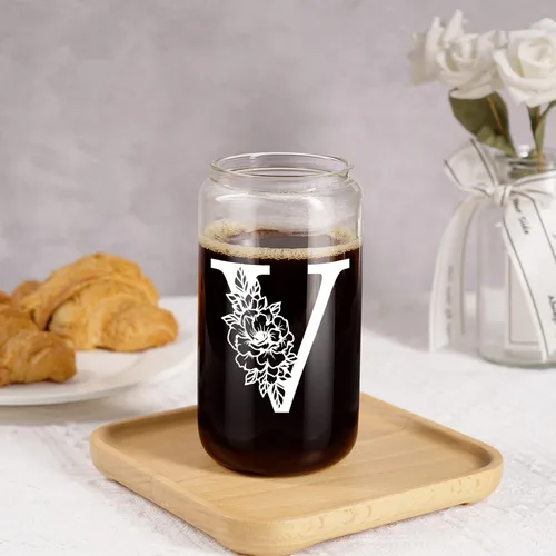 Miniatura 7 de Taza de Vidrio Inicial Coolife, Regalos Personalizados para Mujeres, Tazas de Vidrio de 16 oz con Tapas y Popotes, Vaso de Café Helado, Licuado