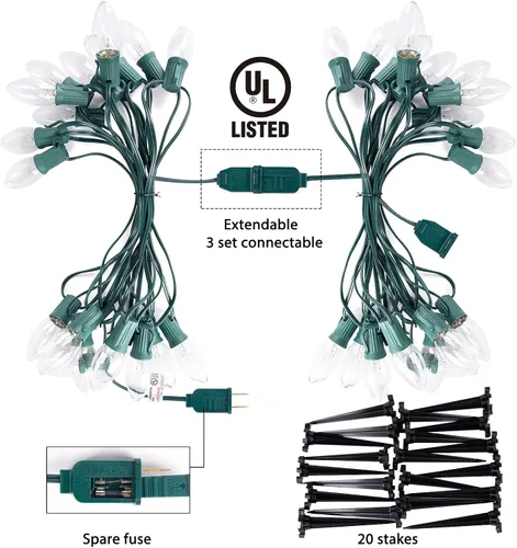 Miniatura 5 de Brightown Tira de luces LED estilo sendero de Navidad para exteriores; tira de 20 luces LED C9 de 25.7 pies con 20 estacas interconectables y a