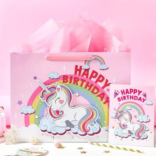Miniatura 4 de WRAPAHOLIC Bolsa de regalo de cumpleaños extra grande de 16 pulgadas con tarjeta y papel de seda, unicornio de fantasía feliz cumpleaños Unicornio