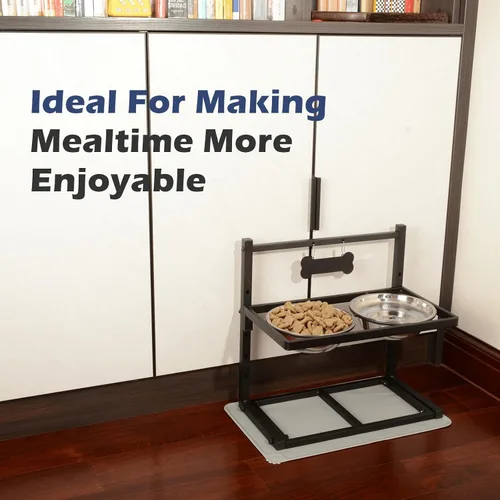 Miniatura 7 de ADENGL Tazones elevados para perros con alimentador lento, 5 alturas ajustables, antideslizante, marco de metal duradero, tapete a prueba de Negro