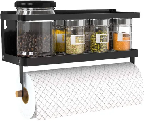 Soporte magnético para toallas de papel, estante magnético 2 en 1 para especias con ganchos, estante de montaje en pared para refrigerador (negro,