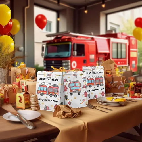 Miniatura 5 de Bolsas de Recuerdos de Fiesta de Camión de Bomberos de Acuarela - 24 Piezas Bolsas de Dulces de Fiesta de Camión de Bomberos con Calcomanías