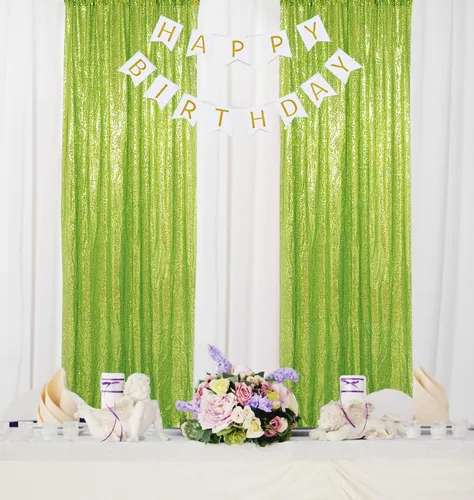 Miniatura 23 de ShinyBeauty Cortinas de lentejuelas 2 paneles 2 pies x 8 pies verde iridescente, telón de fondo para fotomatón, fondo para graduaciones, baby