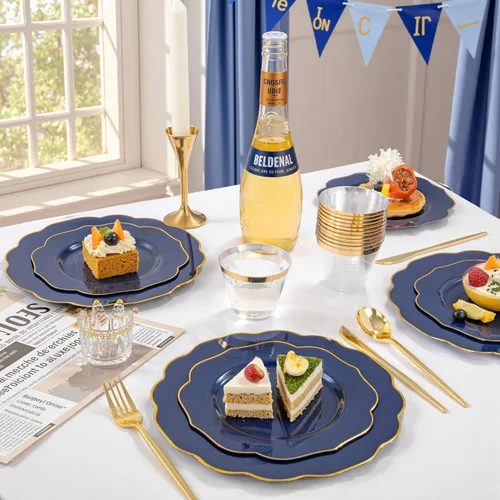 Miniatura 6 de bUCLA 180 piezas platos de plástico azul - azul marino y borde dorado desechables incluye 30 de cada uno (cena y postre) platos, 30 cuchillos, 30