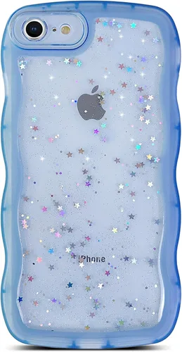 Miniatura 93 de Qokey Funda para iPhone 12 Pro Max de 6.7 pulgadas, diseño de onda rizada, borde transparente, brillante con purpurina, estrella brillante, bonita