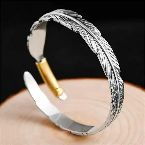 Miniatura 4 de Beccalame Silver Feather Bracelet Lucky Hope Cuff Jewelry Simple Retro For Women Men