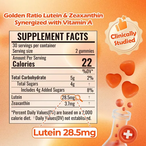 Miniatura 2 de Gomitas de luteína (60 gomas). Gomitas para ojos con luteína (28.5 mg), zeaxantina y vitamina A (paquete de 30 días), sabor naranja, vegano, sin