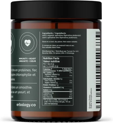 Miniatura 6 de Erbology Polvo de espirulina orgánica de 3.2 onzas, 45 porciones, de origen sostenible en Portugal, apoyo de energía e inmunidad, rico en clorofila