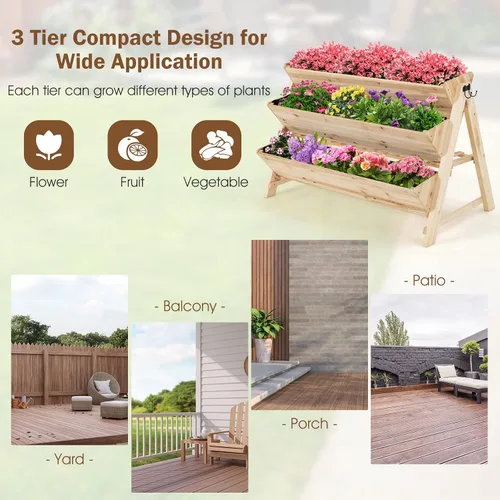 Miniatura 4 de Giantex Cama de jardín elevada, maceta vertical con estante de almacenamiento, maceta elevada de 3 niveles con ganchos laterales, cama de jardín
