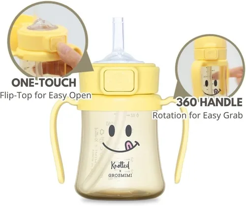 Miniatura 7 de GROSMIMI x KNOTTED Vaso con Tapa Abatible para Sorber a Prueba de Derrames, PPSU, sin BPA, popote de etapa 2 para niños pequeños (Sonrisa 6 onzas)