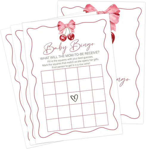 Cherry Baby Shower - Juego de bingo para 30 invitados con tarjetas de juego, revelación de género, suministros y decoraciones para baby shower (DV35)