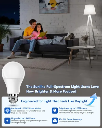 Miniatura 3 de Neporal - Foco de luz de espectro completo de 15 W, focos de luz solar natural sin UV de 2700 K, foco LED de 15 W equivalente a 100 W, CRI 90+, sin