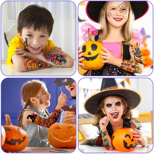 Miniatura 4 de 52 piezas de tatuajes temporales de Halloween de colores brillantes para niños, brazo completo para niñas y niños, calabaza, fantasma, castillo