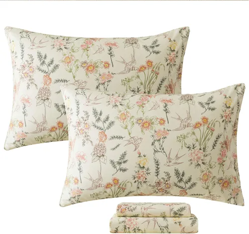 Miniatura 69 de FADFAY Juego de sábanas tamaño King, 100% algodón, elegante ropa de cama de granja con hojas verdes menta y flores blancas, sábana suave