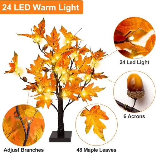 Miniatura 5 de S-Union Árbol de arce iluminado por LED de 24 pulgadas con 6 bellotas para decoraciones de Acción de Gracias Árbol de arce de 24 LED y 6 bellotas