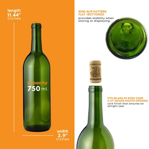 Miniatura 3 de FastRack W5 750ml Botellas de vino verde (paquete de 12), botellas de licor Bordeaux vacías para bebidas, 12 por caja - SIN CORCHOS INCLUIDOS
