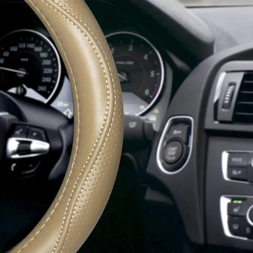 Miniatura 3 de HAOKAY Funda de volante de cuero genuino beige de alta calidad para hombres y mujeres, funda de volante de lujo para automóviles, SUV y camiones