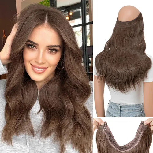 Miniatura 10 de Extensiones de cabello de alambre transparente invisible con 3 clips seguros, diadema ajustable, tamaño ondulado, rizado, largo, sintético