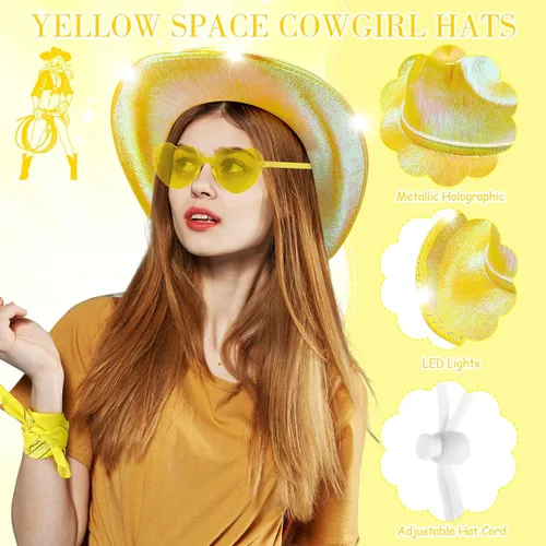 Miniatura 2 de Unittype Paquete de 18 sombreros de vaquero, sombrero de vaquera para novia, sombrero LED de vaquero espacial con 6 gafas, 6 bandana para mujer