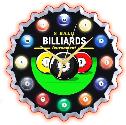 Miniatura 9 de Reloj de pared de neón, 12 pulgadas con gráficos de billar 8 bolas de billar, impresionante efecto de brillo 3D, silencioso sin tictac, para sala