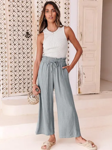 Miniatura 2 de ANRABESS Pantalones de lino para mujer, estilo casual, holgados, cintura alta, cordón de pierna ancha, pantalones capri palazzo con bolsillos