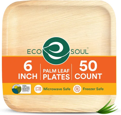 ECO SOUL Platos de Hoja de Palma de 6" Cuadrados (50 Unidades) – Desechables, Ecológicos, Platos de Aperitivo de Bambú Biodegradables – Vajilla