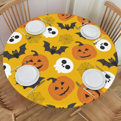 Miniatura 19 de Delerain Mantel ajustable redondo de calabaza fantasma de Halloween, mantel redondo impermeable con borde elástico, lavable, para interiores