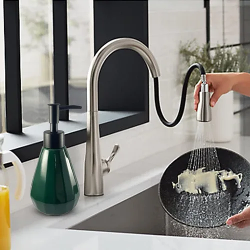 Miniatura 2 de Dispensador de jabón de cerámica recargable negro mate para baño y cocina, dispensador de jabón verde de 8.5 onzas con diseño minimalista moderno