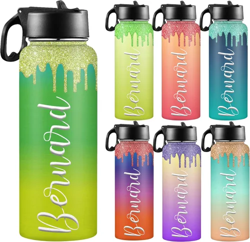 Miniatura 19 de Botellas de agua personalizadas para niñas, de acero inoxidable con aislamiento de doble pared con pajita, botella de agua de color degradado