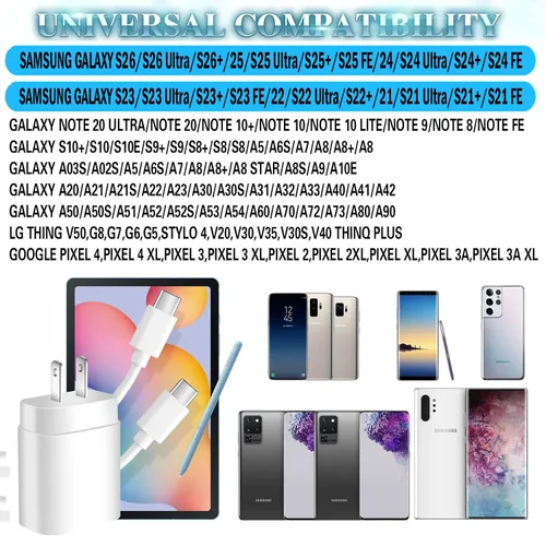 Miniatura 3 de Cargador súper rápido Samsung, bloque de carga rápida Samsung, paquete de 2 cargadores de pared USB C Samsung de 25 W, cable USBC rápido de 3 m