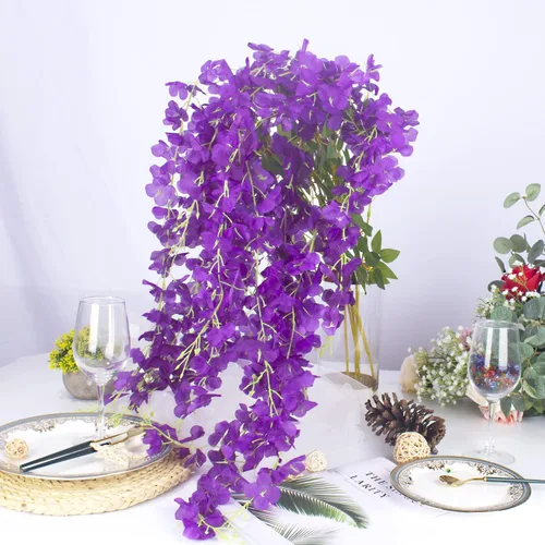 Miniatura 5 de AITISOR Paquete de 12 flores artificiales de seda, glicinia, vid de ratta, flores colgantes (azul)