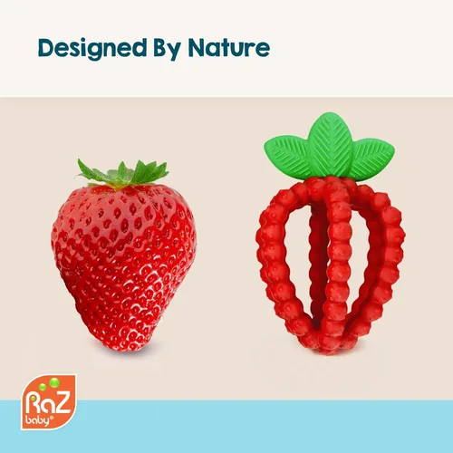 Miniatura 9 de RaZbaby Bites - Juguete de silicona para dentición para bebés, juguete sensorial con textura de moras para aliviar la dentición, forma de fruta Rosa