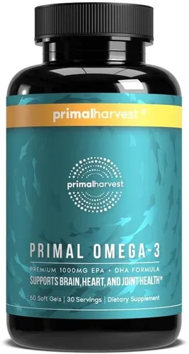 Primal Harvest Suplementos de aceite de pescado Omega 3, 30 porciones Cápsulas de gel blando con 1000mg EPA + DHA, sin eructos, no OGM, ácido graso