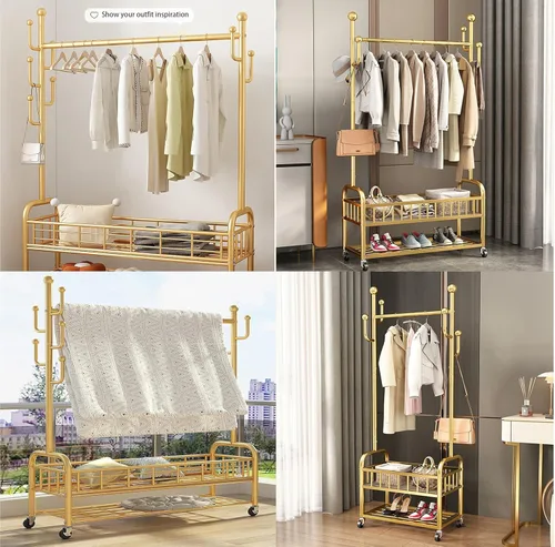 Miniatura 8 de Perchero de pie con ruedas, resistente para almacenamiento, dorado, para colgar ropa, zapatos, bolsas, bufandas, corbatas, ideal para oficinas