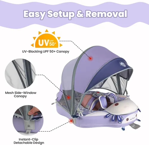 Miniatura 3 de Mambobaby Flotador de piscina para bebés sin deslizamiento con toldo y cola flotador de natación no inflable para bebés, espuma perla, UPF 50+