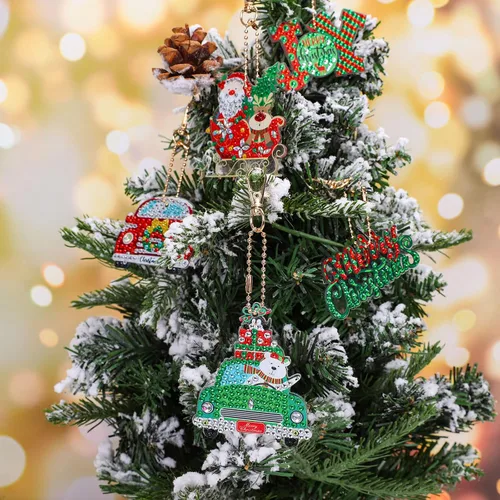 Miniatura 6 de AnyDesign 12 piezas de llavero de arte de diamantes de Navidad, hecho a mano, camión, Papá Noel, muñeco de nieve, pintura de gemas, colgante