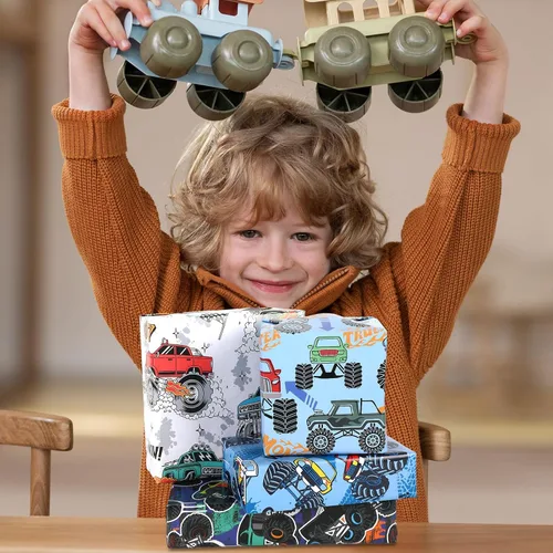 Miniatura 6 de 12 hojas de papel de regalo para camión, no enrollable, papel de regalo de caricaturas de carreras de autos de carreras, plegado a granel, plano