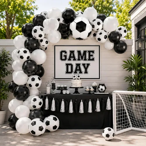 Miniatura 6 de Globos de fútbol, globos de látex blanco y negro de 12 pulgadas con balón de fútbol de 22 pulgadas, globo de aluminio 4D para niños, decoración