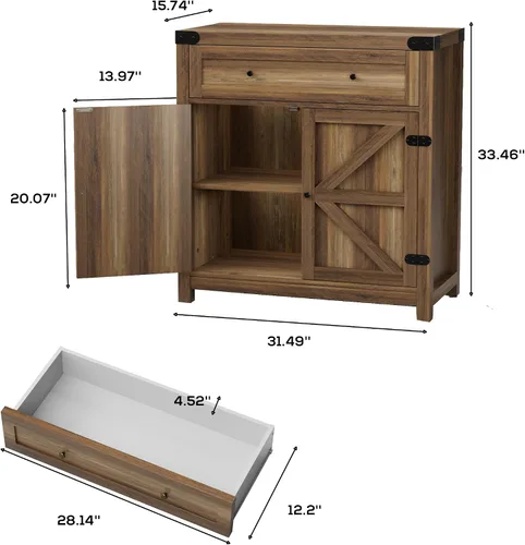 Miniatura 3 de JUMMICO Gabinete de barra de café, aparador de cocina de granja, gabinete de buffet con cajón y estante ajustable para puerta de granero de Marrón