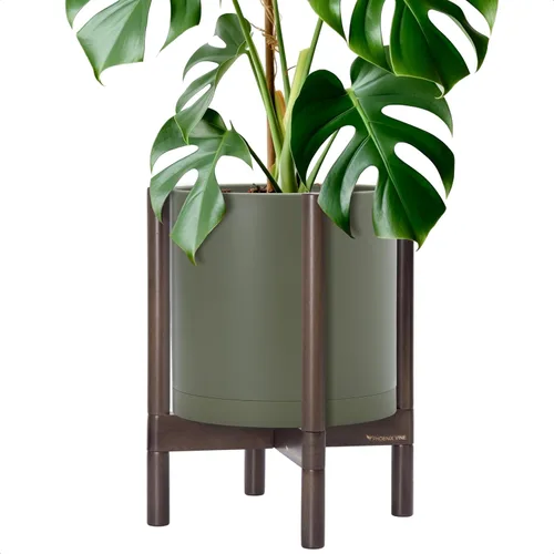 Miniatura 40 de Maceta de D'vine Dev con soporte - Maceta de flores de cilindro de plástico de 8.0 pulgadas con soporte de madera para interiores, maceta mate negra