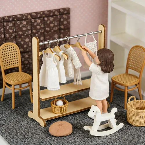 Miniatura 8 de TOYANDONA 10 perchas de madera para muñecas – Mini colgador de muñecas en miniatura para vestimenta para casas de muñecas, accesorios en miniatura