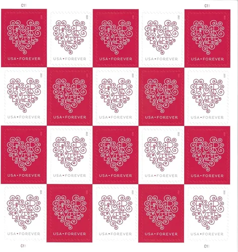 Estampillas Forever Hearts USPS, Rojo