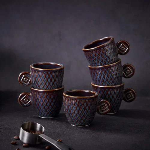 Miniatura 4 de Juego de 6 tazas vintage Demitasse de 3 onzas, tazas de café expreso pequeñas en relieve únicas (gris)