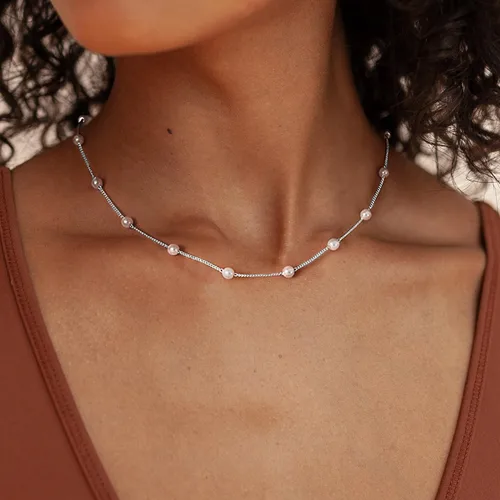 Miniatura 2 de Collar de perlas para mujer, delicado collar de perlas chapadas en oro de 14 quilates, collar de perlas blancas simples, collar de cadena fina