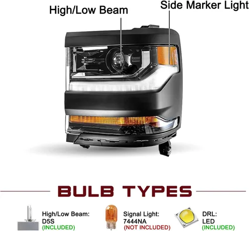 Miniatura 2 de JSBOYAT HID/Xenon para Chevy Silverado 1500 2016-2019 Conjunto de Faros Delanteros de Repuesto Proyector LED DRL Estilo OE de Fábrica Par Juego