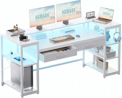 Miniatura 3 de Pamray Escritorio para computadora de 58 pulgadas con soporte para monitor y estantes, escritorio para juegos con luces LED y tomas de corriente