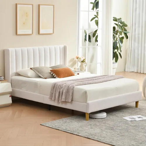 Miniatura 24 de Base de cama Queen con cabecero, base de cama de plataforma con respaldo de terciopelo vertical copetudo, soporte de listones de madera, no necesita
