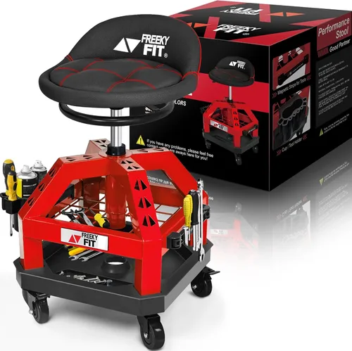 Miniatura 11 de Rolling Shop Taburete para garaje con ruedas, DO02 - Asiento giratorio de 360° de altura ajustable con almacenamiento de bandeja de herramientas
