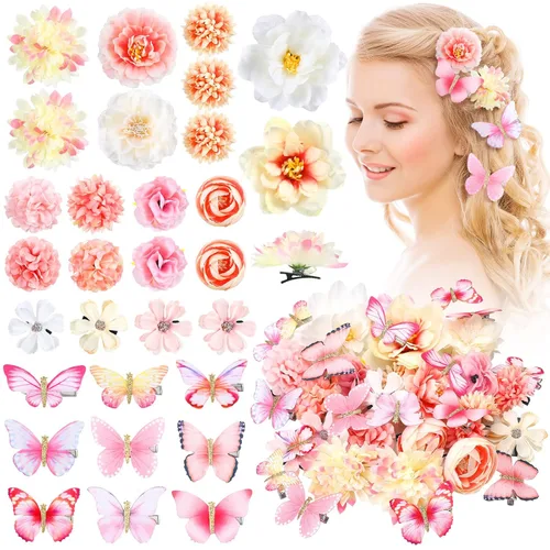 Bencailor 30 pinzas para el cabello, hechas a mano, con flores y mariposas, accesorios para el cabello de flores realistas, pasadores coloridos para