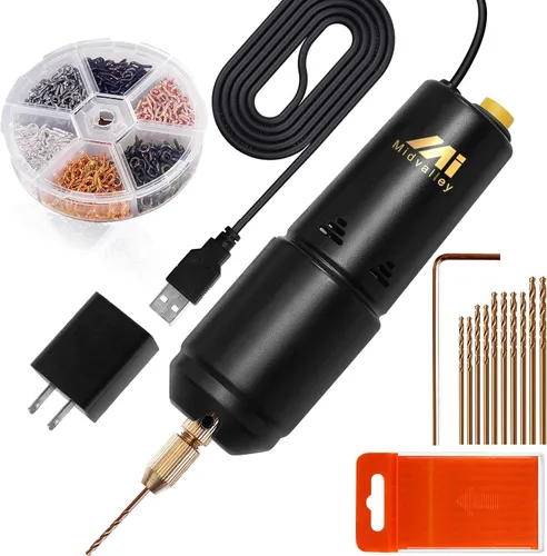 Midvalley - Juego de taladro eléctrico de resina, mini taladro de mano eléctrico con 10 brocas helicoidales (0.028-0.047 in) y 600 pines de ojo de